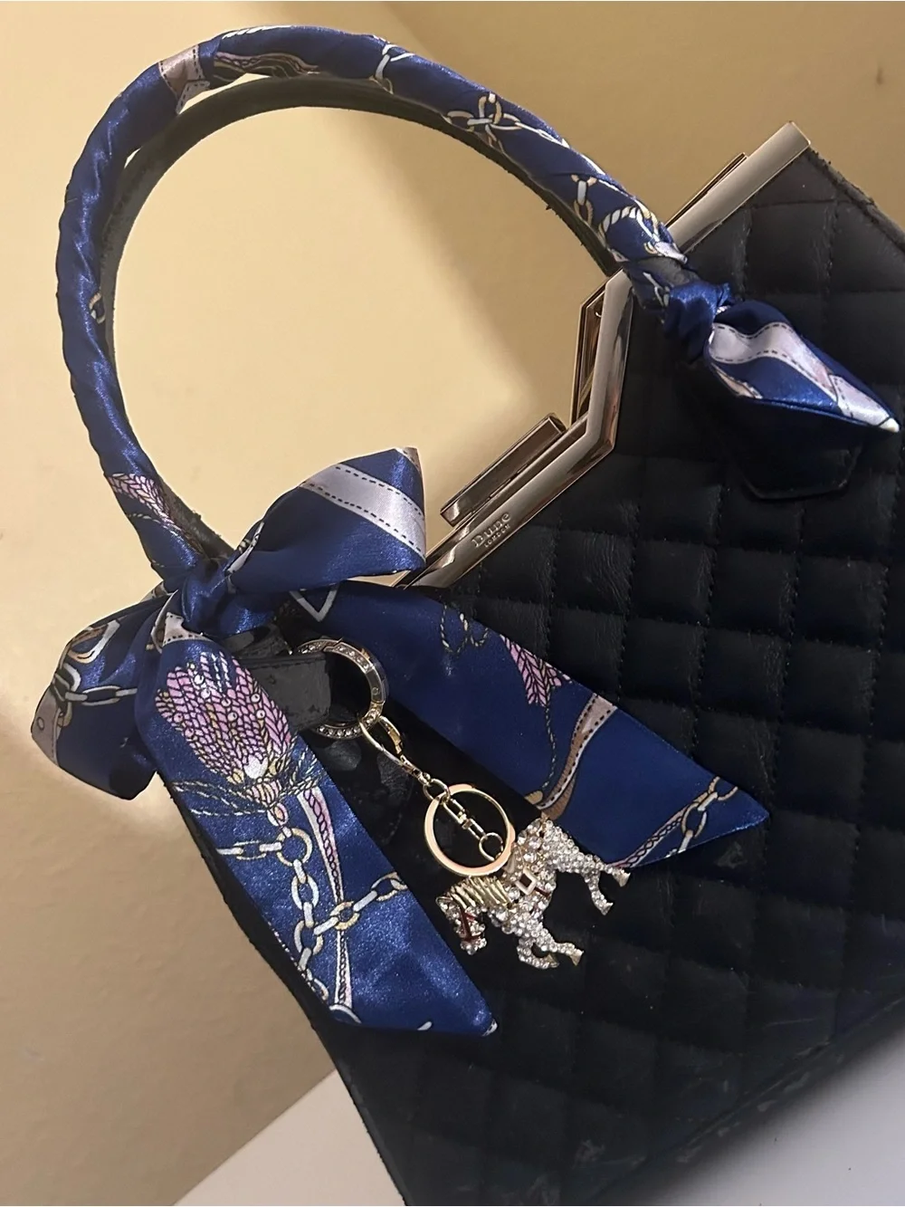 Twilly Silk Handbag Headband Neck Tie Scarf. Blue Navy Gold Good pair w/ Dior